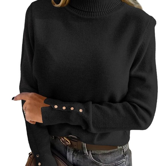 Soft Knitted Turtleneck Pullover Sweater Long Sleeve Button Cuff